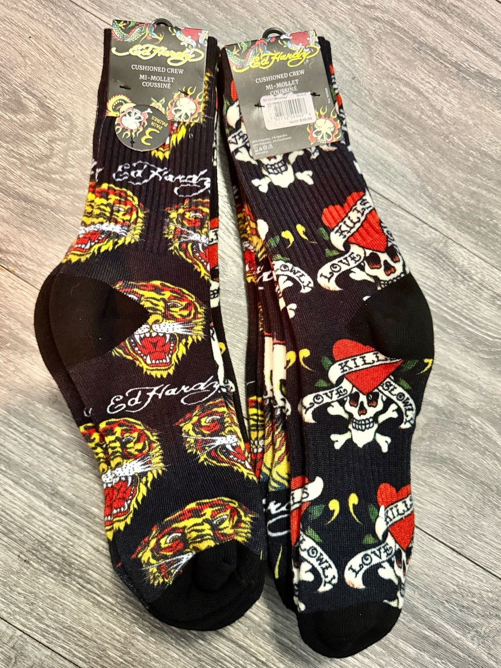 Ed Hardy Black Crew Socks with Red & Yellow Tattoo Skulls and Tigers